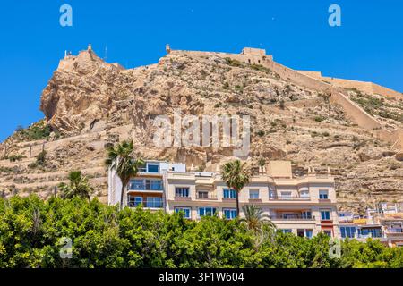 Gipfel des Berges Benacantil mit mittelalterlicher Festung von Alicante, Blick auf das Schloss Santa Barbara von der Altstadt aus. Alicante, Spanien Stockfoto