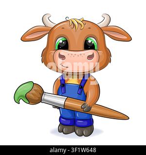 Niedlicher Cartoon-Stier hält einen Pinsel mit grüner Farbe. Charakter-Vektorillustration eines Tieres auf weißem Hintergrund. Stock Vektor