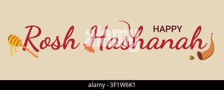 Fröhliches Rosh-Hashanah-Design mit Honiglöffel, Schofar, Biene und Herbstblatt, festliche Schriftzüge symbolisieren das jüdische Neujahr Stock Vektor