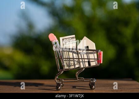 Miniatur-Einkaufswagen mit 100-Dollar-Schein und kleinem Holzhausmodell auf natürlichem grünem Hintergrund, Nahaufnahme. Finanzkonzept des Heimkaufs, mor Stockfoto