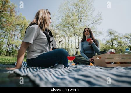 Zwei Freunde genießen ein Picknick in einem grünen Park mit Wein und Snacks auf einer Decke Stockfoto