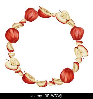 Kreisliches Muster aus ganzen roten Äpfeln und geschnittenen Apfelstücken, die kreativ auf der Oberfläche angeordnet sind und ein künstlerisches Obstdesign erzeugen. Stockfoto