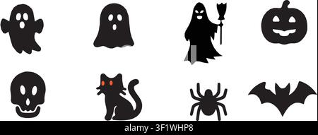 Gruselige Halloween-Schwarzsilhouetten-Set mit Geistern, Hexe, Kürbis, Schädel, Katze, Spinne und Fledermaus, isoliert auf weißem Hintergrund Stock Vektor