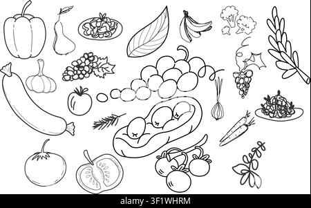 Handgezeichnete Früchte und Gemüse schwarze Linien-Kunst-Doodles-Set isoliert auf weißem Hintergrund, gesunde Lebensmittel-Vektorillustration Stock Vektor