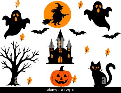 Gruselige Halloween-Silhouettenserie mit Hexenkater und Schloss Stock Vektor