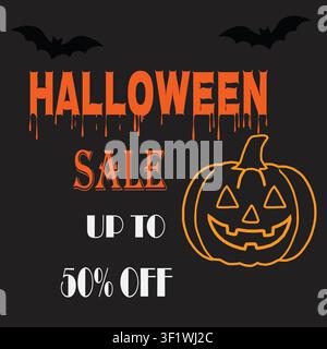 Halloween-Rabatt bis zu 50 % Rabatt auf gruseliges Kürbisposter Stock Vektor