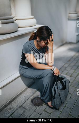 Junge Frau sitzt auf einer Stadtstufe und hält ihren Kopf in Bedrängnis mit einem grauen Kleid und einer Tasche Stockfoto