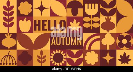 Lebendiges horizontales Herbstbanner mit modernem geometrischem Schriftzug, Kürbissen, Pilzen, Sonnenblumen und farbenfrohem Laub. Perfekt für saisonale Schulbälle Stock Vektor