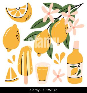Süße handgezeichnete Sammlung mit Zitronen, Zitronensaft, einer Saftflasche, Eis am Stiel, Scheiben und Blüten auf weißem Hintergrund. Perfekt für Menüs, Pack Stock Vektor
