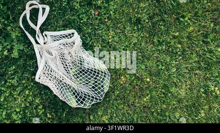 Wiederverwendbare Einkaufstasche aus Baumwollnetz mit frischem Grünzeug auf Gras, Ansicht von oben mit Kopierraum, umweltfreundlicher Lebensstil und nachhaltiges Zero-Waste-Konzept Stockfoto
