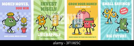 Groovy Finanzbanners. Motivierende Poster für Sparen und Investitionen. Lustige Geldcharaktere, Sparschwein, Tasche mit goldenen Münzen, neoterischer Vektor Stock Vektor