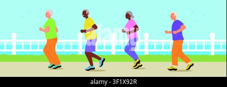 Gruppe von älteren Menschen joggt entlang des Flusses. Flache Vektorillustration für Senior-Outdoor-Cardio, aktives Altern gemeinsam. Stock Vektor