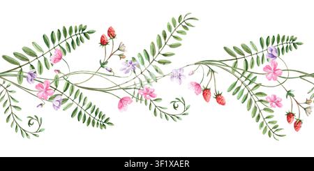 Wildblumen mit wilden Erbsenblättern und Erdbeeren in einem nahtlosen Rand. Diese isolierte Aquarellillustration ist perfekt für Einladungen, Karten Stockfoto