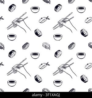 Sushi und Rolls nahtloses Muster. Handgezeichnete Vektorillustration von japanischem Essen und einer Hand mit Stäbchen im Grafikstil. Schwarze Tinten-Clipart fo Stock Vektor