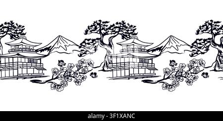 Japanische Landschaft nahtlose Bordüre. Handgezeichnete Vektorillustration von Kirschblüten, Kiefern, Gebäuden und Bergen im Grafikstil. Schwarz i Stock Vektor