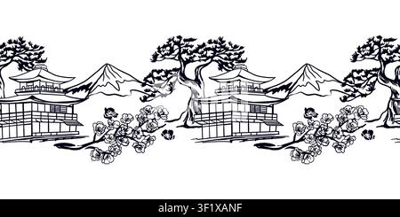 Japanische Landschaft nahtlose Bordüre. Handgezeichnete Vektorillustration von Kirschblüten, Kiefern, Gebäuden und Bergen im Grafikstil. Schwarz i Stock Vektor