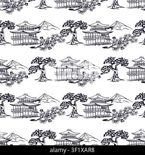 Japanisches Haus nahtloses Muster mit einem Sakura-Zweig, Kiefernbaum und Berg. Handgezeichnete Vektorillustration im Grafikstil. Schwarz-Ink-Clipart fo Stock Vektor