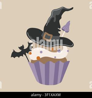 Handgezeichneter gruseliger Halloween-Cupcake mit Hexenhut, Pilz und Fledermaus-Topper für saisonale Party-Dekoration oder Verpackung Stock Vektor
