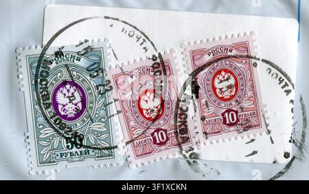 Alter Umschlag, der am 15. Mai 2023 aus Russland nach Gomel, Belarus, verschickt wurde. Stockfoto