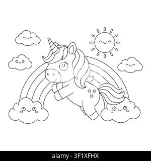 Süße, bezaubernde Einhorn, die über einen Regenbogen springt – Malvorlage für Kinder Stock Vektor
