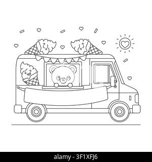 Süße, bezaubernde Bär, der Eis in einem Truck verkauft, Malvorlage für Kinder Stock Vektor