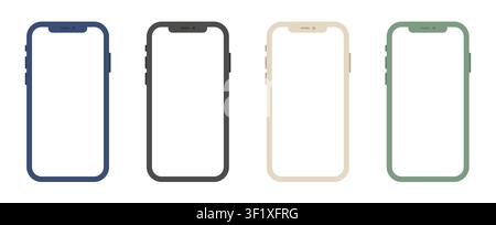 Smartphone-Rahmen-Mockup-Set mit leeren Mobilbildschirmvorlagen, Umrissen der Vorderansicht des Geräts und bunten Telefonrahmen-Designs als Vektor Stock Vektor