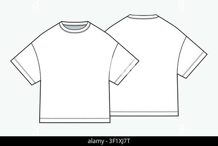 Übergroßes cropped T-Shirt Vorder- und Rückseitenansicht technische flache Zeichnung Vektor-Mockup-Illustration. Stock Vektor