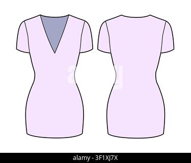 Damen T-Shirt-Kleid mit V-Ausschnitt und kurzen Ärmeln, Vorder- und Rückansicht, Vektor-Mockup-Vorlage, technische Strichzeichnung. Stock Vektor
