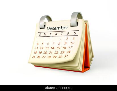 Schreibtischkalender 3D-Symbol isoliert auf weißem Hintergrund. Minimalistischer realistischer Dezember-Planer-Seite. Stock Vektor