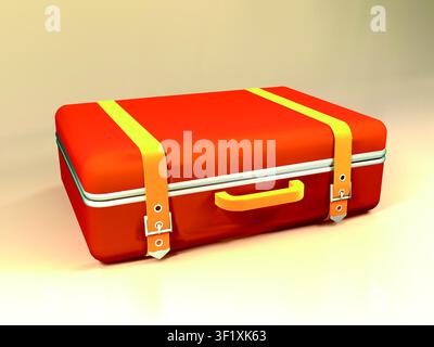 Koffer isoliert Vektor-3D-Illustration. brauner Koffer mit gelben Hosenträgern 3D-Symbol. Stock Vektor