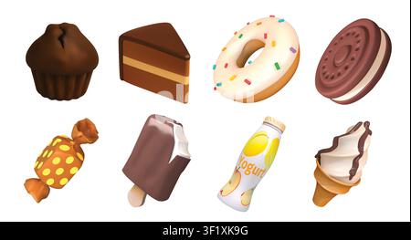 Süßes Essen isoliert 3D-Vektor-Ikonen-Render-Illustrationsset mit Schokoladenmuffin, geschichteter Kuchenplatte, glasierter Donut mit Streuseln, Keks Stock Vektor