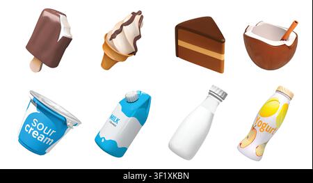 Milchprodukt isolierte 3D-Vektor-Ikonen-Render-Illustrations-Set mit Sauerrahm-Behälter, Milchkarton, Joghurtflasche, Sahneflasche, Schokoladeneis Stock Vektor