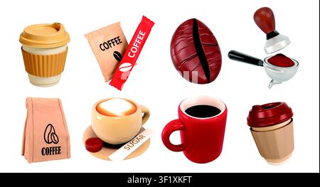Kaffee isolierte 3D-Vektor-Ikonen-Render-Illustrationsset mit Einwegbechern, Kaffeebohnen für Café-Branding, Menüdesign, Verpackung und digitale Inhalte Stock Vektor