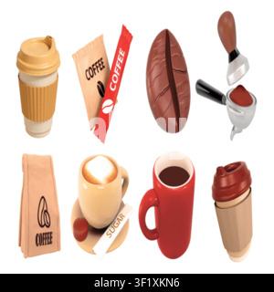 Kaffee isolierte 3D-Vektor-Ikonen-Render-Illustrationsset mit Einwegbechern, Kaffeebohnen für Café-Branding, Menüdesign, Verpackung und digitale Inhalte Stock Vektor