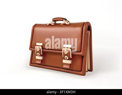 Braune Ledergeschäftstasche 3D-Symbol isoliert auf weißem Hintergrund. Klassische Business-Tasche mit Schnallen Vektor-3D-Illustration. Stock Vektor