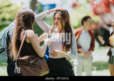 Zwei junge Frauen unterhalten sich auf einem College-Campus während eines lockeren Gesprächs im Freien mit Freunden in der Nähe Stockfoto