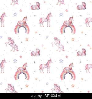 Nahtloses Aquarellmuster mit Einhorn und mehrfarbigen Sternen. Handgezeichnete Illustrationen des Hintergrunds für Kindertagetapeten, Babytextilien oder Stockfoto