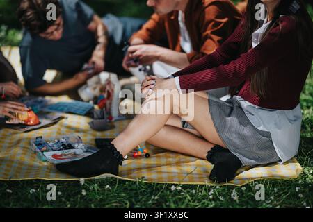 Hochschulstudenten sitzen auf einer Picknickdecke, basteln und plaudern im Freien während einer sonnigen Pause Stockfoto