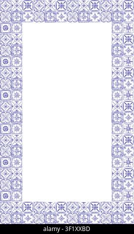 Rechteckiger Rahmen aus traditionellen portugiesischen Azulejo-Fliesen. Das Design besteht aus verschiedenen blauen und weißen handgezeichneten Blumen- und geometrischen Motiven Stockfoto