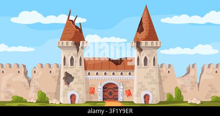 Zerstörte Burg. Festungs-Schlachtfeld-Ruine, Steinmauer altes Ziegelgebäude antiker Torbogen Tor verlassene Königstadt Festung offener Eingang Cartoon-Hintergrund ordentliche Vektorillustration Originalgrafik Stock Vektor