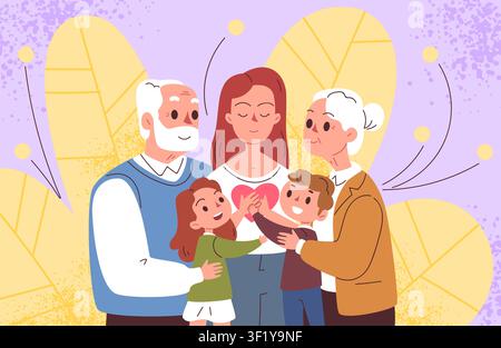 Familienunterstützungskonzept. Alleinerziehende Mutter pflegt, alte Eltern umarmen erwachsene Tochter Liebe hilft Mama Kind zusammen Generation Beziehung Vertrauen Versöhnung akzeptieren stilvolle Vektorillustration Originalgrafik Stock Vektor