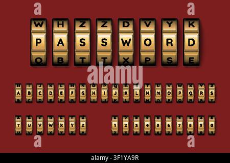 Goldene Kombinationsschloss. Entsperrcode-Passwort, Tresor-Geheimschlüssel, Goldzahlenschrift, Alphabet, offenes Vorhängeschloss, Schutz, Sicherheit, realistisches rotierendes Buchstabenrad, grelle Vektorillustration, Original-Kunstwerk Stock Vektor