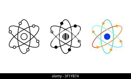 Atom-Wissenschaft-Physik-Symbol-Set Umriss-Silhouette und Farbe Vektor isoliert auf weißem Hintergrund Stock Vektor