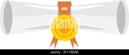 Ein gerolltes weißes Abschlussdiplom mit einem auffälligen gelben Wachssiegel und orangefarbenen Bändern, das akademische Leistung und Erfolg symbolisiert. Stock Vektor