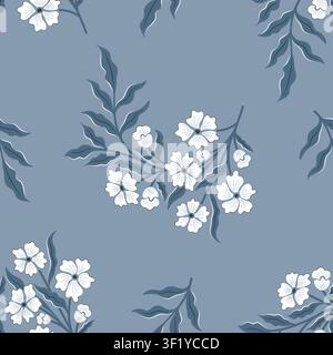 Blauer Blumenmuster-Rand mit weißen Blüten und Blättern Stock Vektor