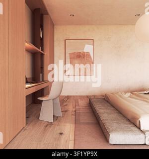 Boucle-Stuhl und Bett in einem minimalistischen Japandi-Schlafzimmer mit Plakatrahmen-Mockup Stockfoto