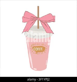 Vektorillustration eines heißen oder kalten Getränks mit einem Strohhalm und einer Schleife im mädchenhaften Flachstil. Espresso, Americano, Cappuccino oder Latte in einer rosa Papptasse. Stock Vektor
