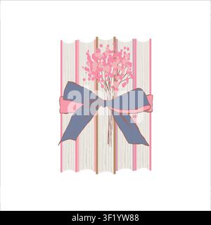 Vektorillustration eines Stapels Bücher und Blumen, die mit einer Schleife zusammengebunden sind. Clipart in einem flachen, mädchenhaften Stil. Belletristik und Sachbuch. Stock Vektor