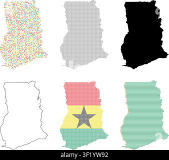 Ghana-Karten-Set-Kollektion mit farbigem Halbtone-Druck, gepunktetem, umrissenem, solidem Silhouette- und Flaggen-Design-Vektor-Illustration Stock Vektor