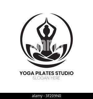 Yoga-Pilates-Studio-Logo zeigt eine Silhouette einer Person in Lotusposition für Achtsamkeitsfitness oder ganzheitliche Gesundheitsclub-Branding-Identität. Stock Vektor